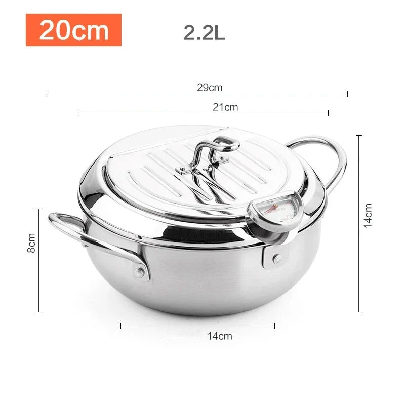 Japanese Deep Frying Pot with a Thermometer and a Lid 304 Stainless Steel Kitchen Tempura Fryer Pan 20/24cm Induction - 20cm