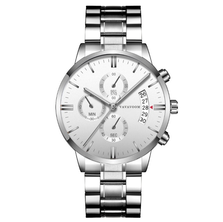 Men's Stainless Steel Business Waterproof Quartz Watch - G001 White Silver Chain