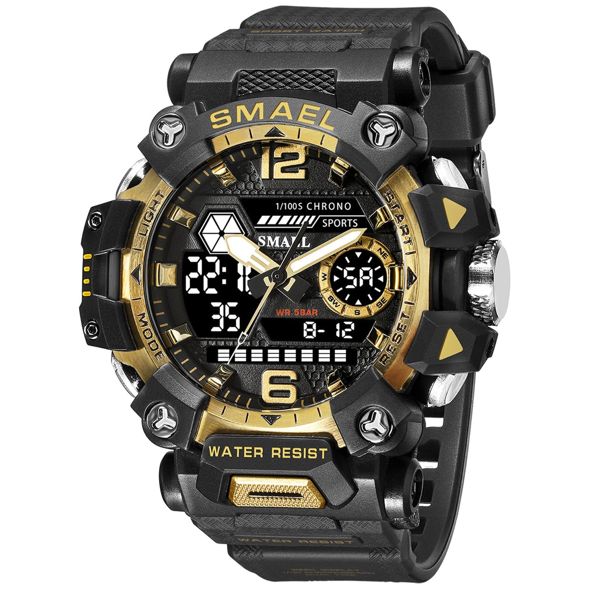 Luminous Waterproof Double Display Electronic Quartz Watch - 8072 Black Gold