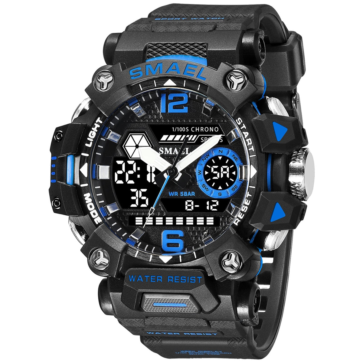 Luminous Waterproof Double Display Electronic Quartz Watch - 8072 Black And Blue