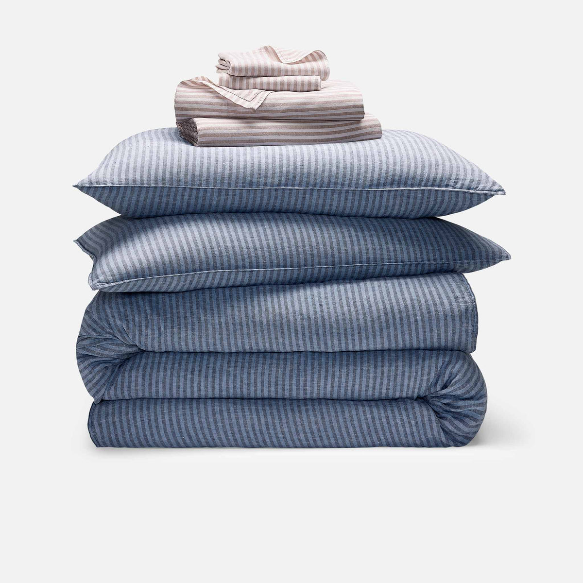 Washed European Linen Hardcore Sheet Bundle - Oxford Stripe Bundle in Abyss