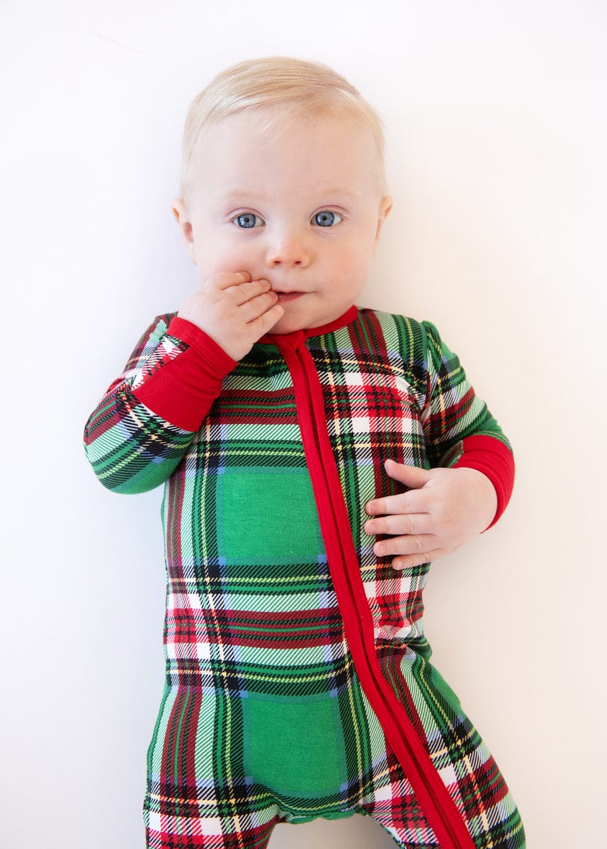 Infant Unisex Zipper Footie - Green Plaid - Image 6