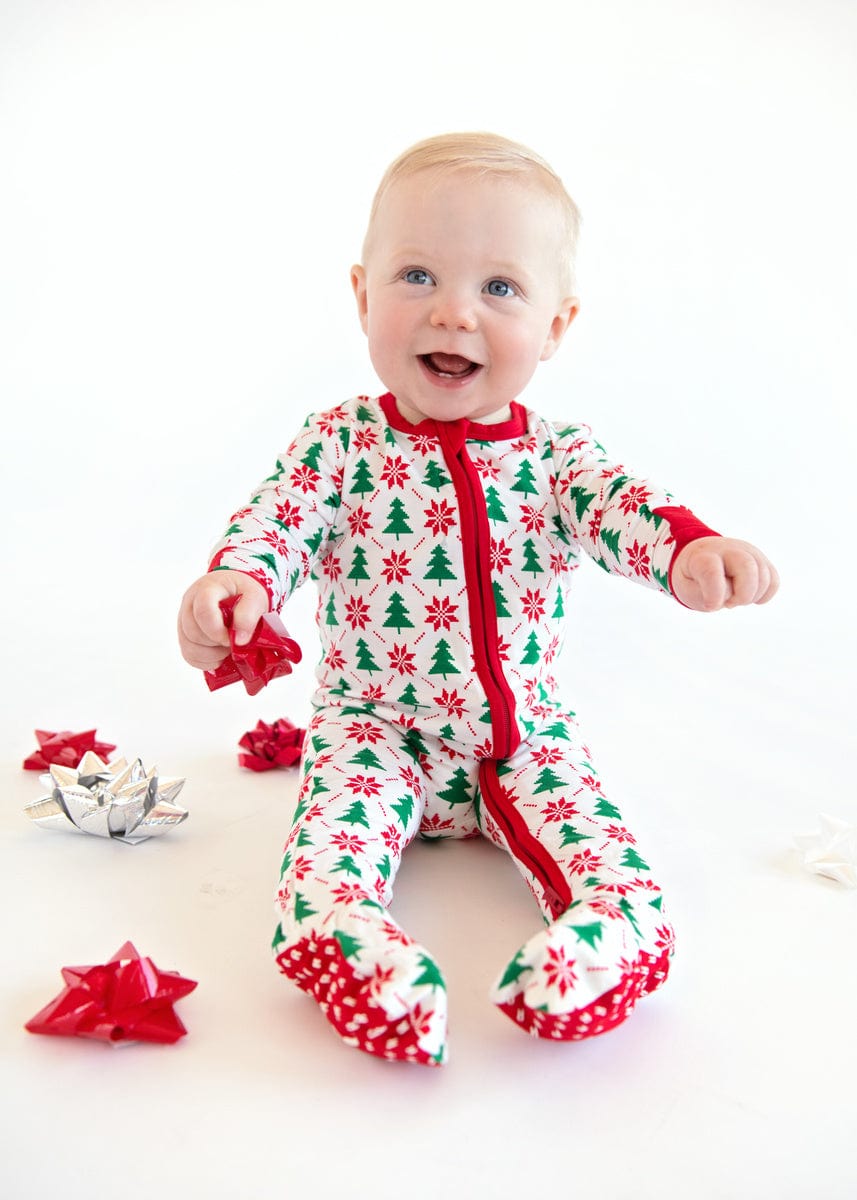 Infant Unisex Zipper Footie - Poinsettia and Tree