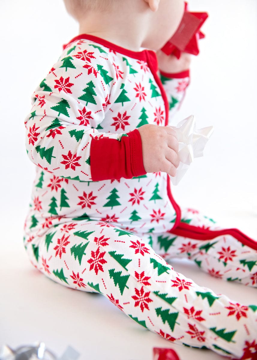 Infant Unisex Zipper Footie - Poinsettia and Tree - Image 2