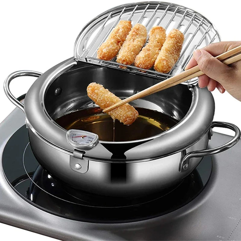 Japanese Deep Frying Pot with a Thermometer and a Lid 304 Stainless Steel Kitchen Tempura Fryer Pan 20/24cm - Image 16