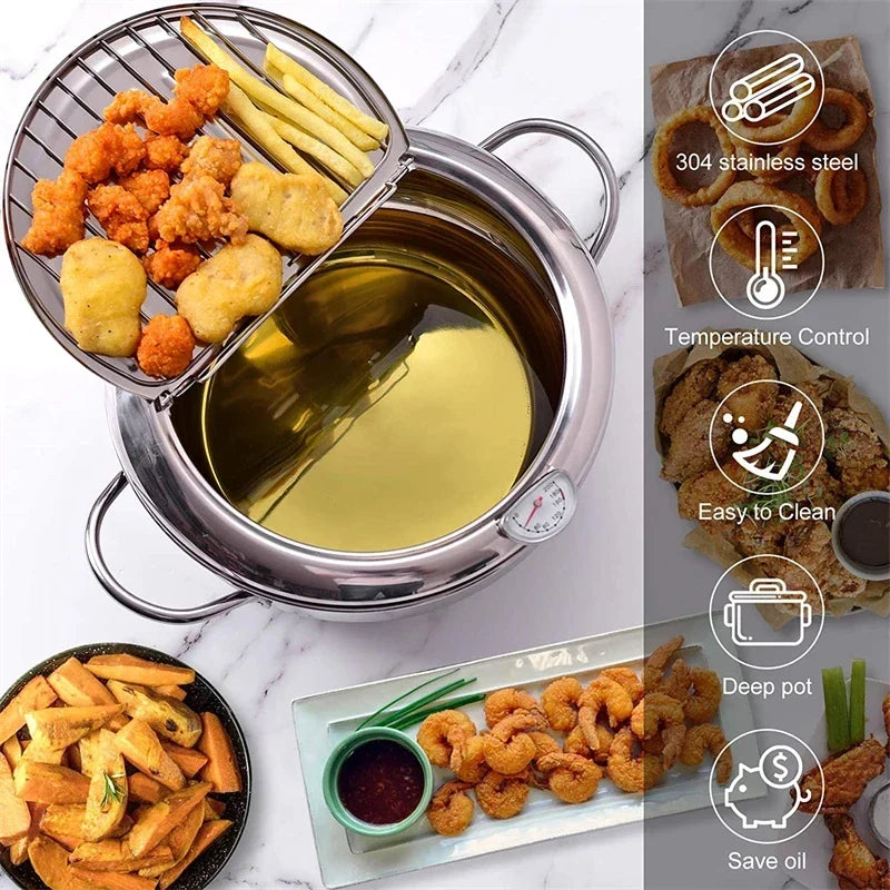 Japanese Deep Frying Pot with a Thermometer and a Lid 304 Stainless Steel Kitchen Tempura Fryer Pan 20/24cm - Image 8