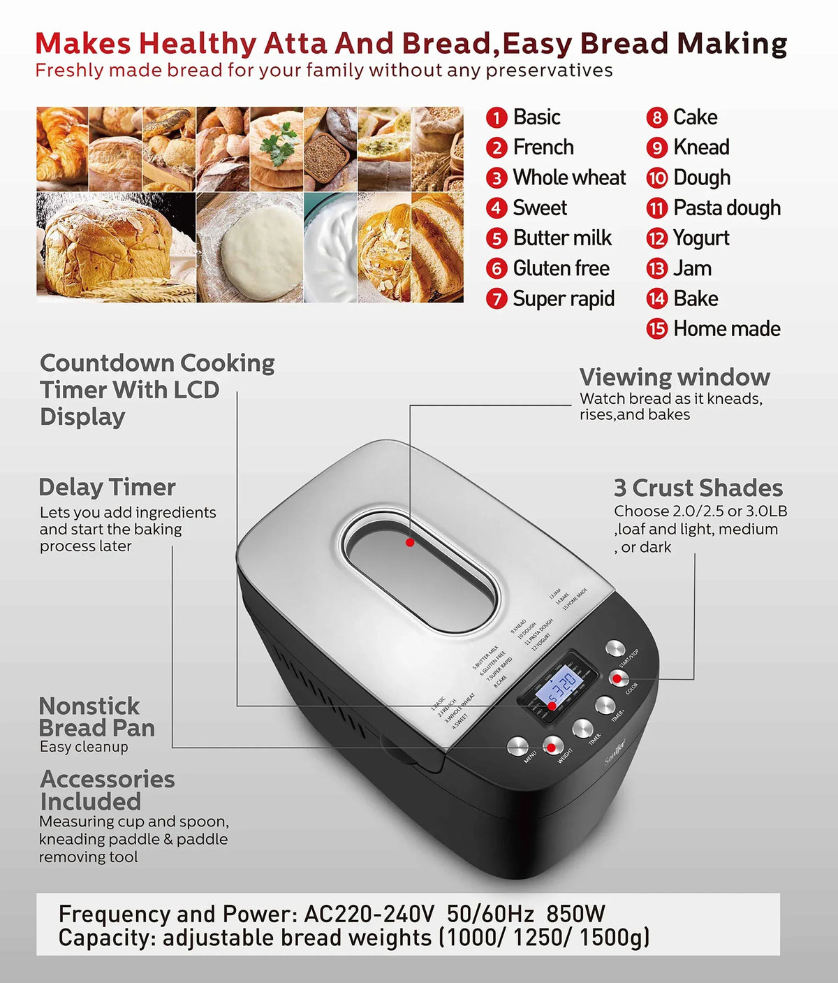 1.5kg Automatic Bread Machine 850w Programmable Bread Maker 15-hour Pre-set Timer Control Panel With Lcd Display - Image 9