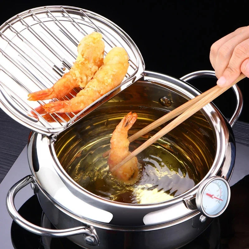 Japanese Deep Frying Pot with a Thermometer and a Lid 304 Stainless Steel Kitchen Tempura Fryer Pan 20/24cm Induction Heating