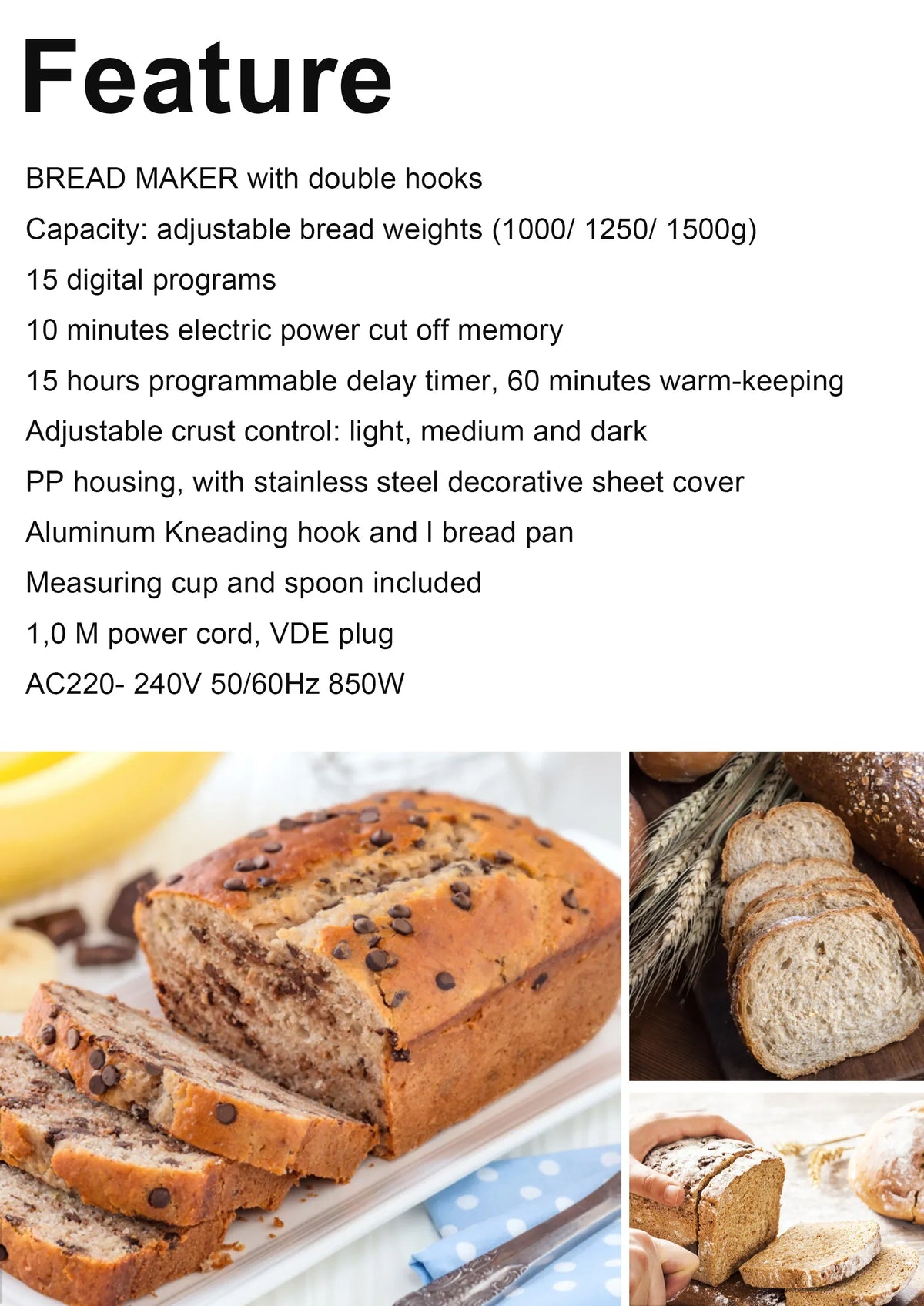 1.5kg Automatic Bread Machine 850w Programmable Bread Maker 15-hour Pre-set Timer Control Panel With Lcd Display - Image 8