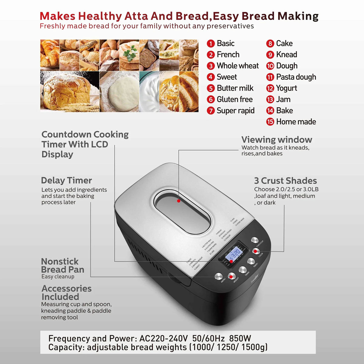 1.5kg Automatic Bread Machine 850w Programmable Bread Maker 15-hour Pre-set Timer Control Panel With Lcd Display - Image 2