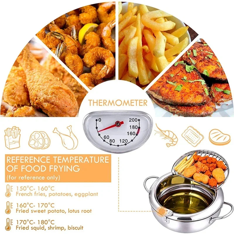 Japanese Deep Frying Pot with a Thermometer and a Lid 304 Stainless Steel Kitchen Tempura Fryer Pan 20/24cm - Image 4