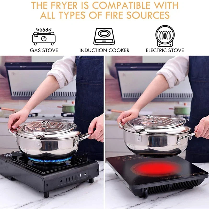 Japanese Deep Frying Pot with a Thermometer and a Lid 304 Stainless Steel Kitchen Tempura Fryer Pan 20/24cm - Image 9