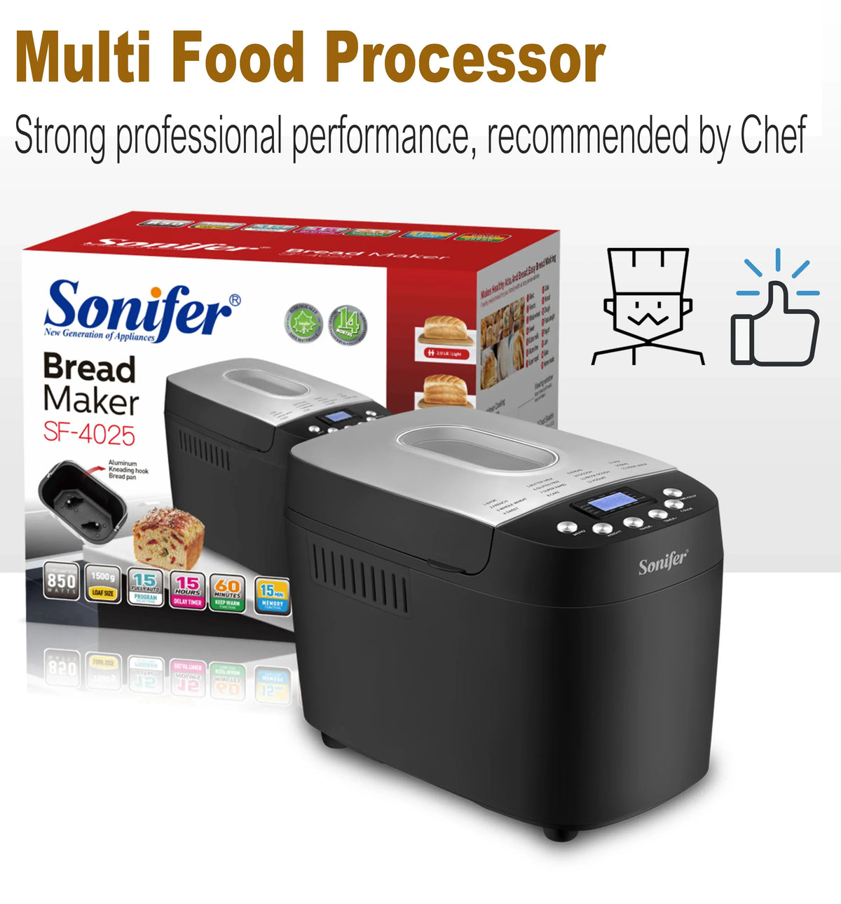 1.5kg Automatic Bread Machine 850w Programmable Bread Maker 15-hour Pre-set Timer Control Panel With Lcd Display - Image 14