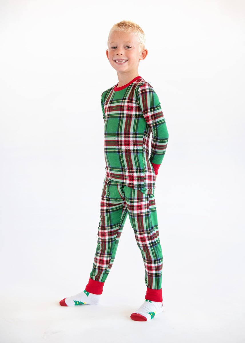 Snug-Fitting Unisex Tween Matching Set - Green Plaid - Image 3