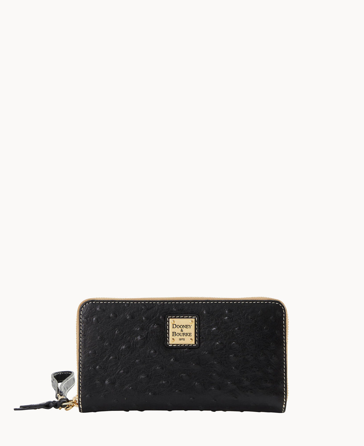 Ostrich Large Zip Around Wristlet - Black
