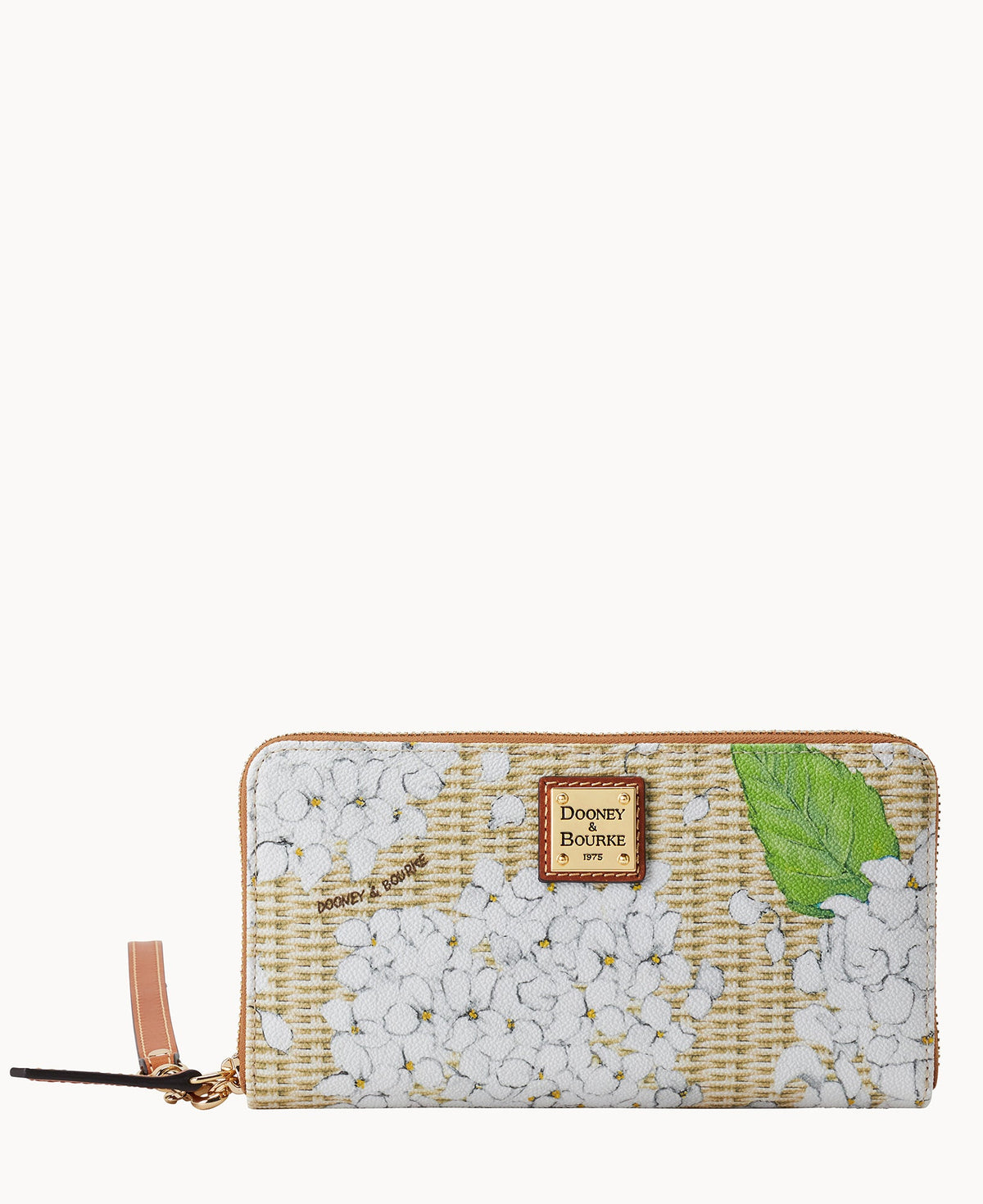 Hydrangea Basketweave Large Zip Around Wristlet - White