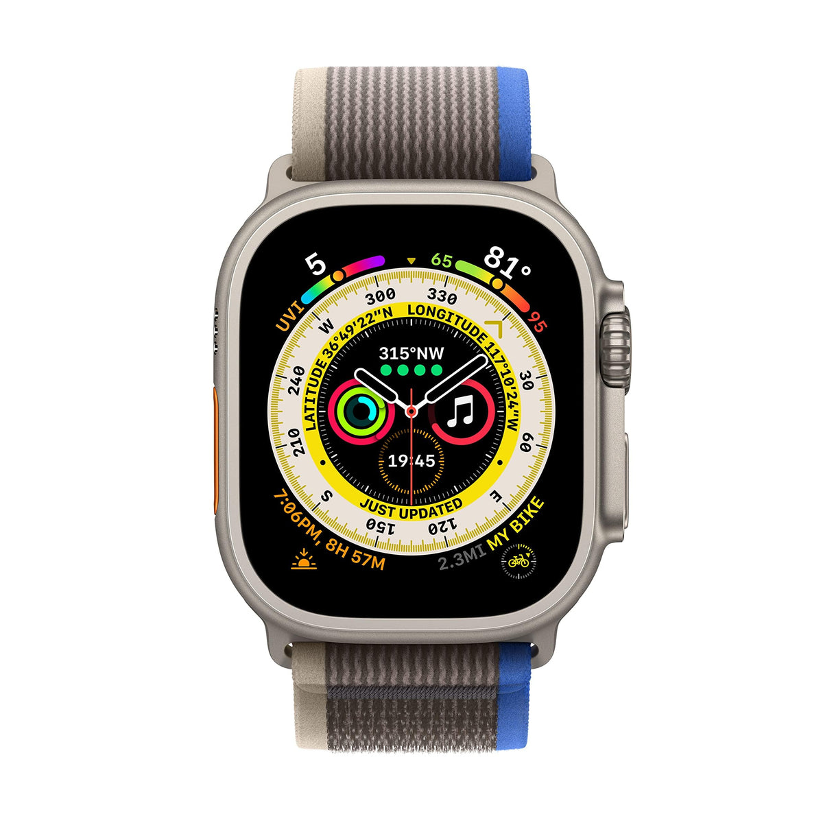 Apple Watch Ultra (GPS + Cellular) 49mm Titanium Case with Blue/Gray Trail Loop - S/M - Titanium - MNHE3LL/A - Image 2