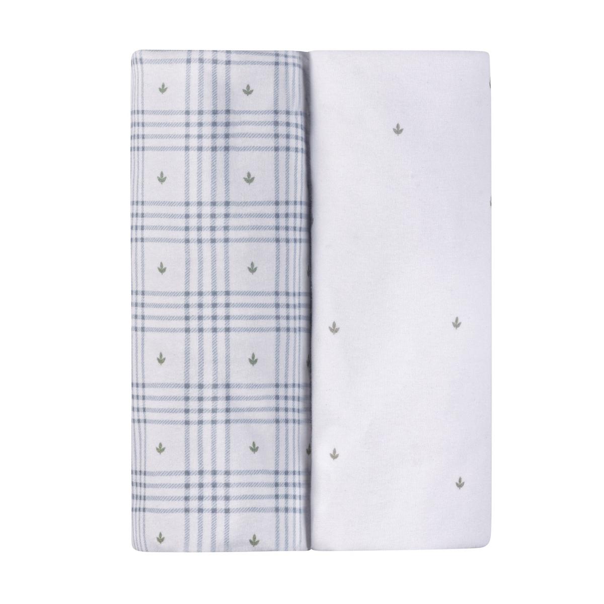 Ely's & Co. 2 Pack Waterproof Crib Sheets - Floral Plaid Collection - Blue - Image 2