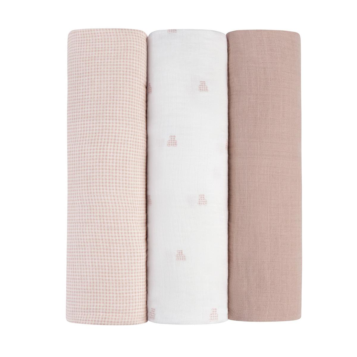 Ely's & Co. 3 Pack Muslin Swaddles - Gingham Bear Collection - Pink - Image 2