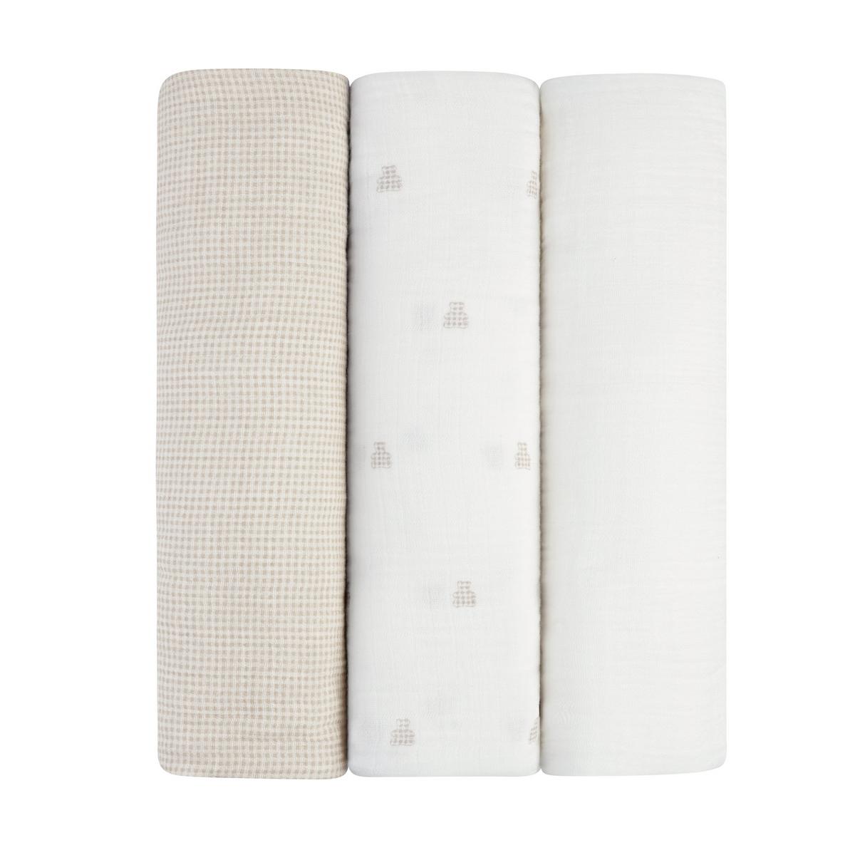 Ely's & Co. 3 Pack Muslin Swaddles - Gingham Bear Collection - Tan - Image 2