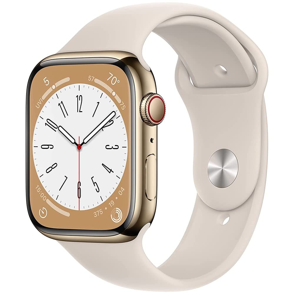 Apple Watch Series 8 (GPS + Cellular, 41MM) Gold Stainless Steel Case with Starlight Sport Band - S/M - MNV93LL/A