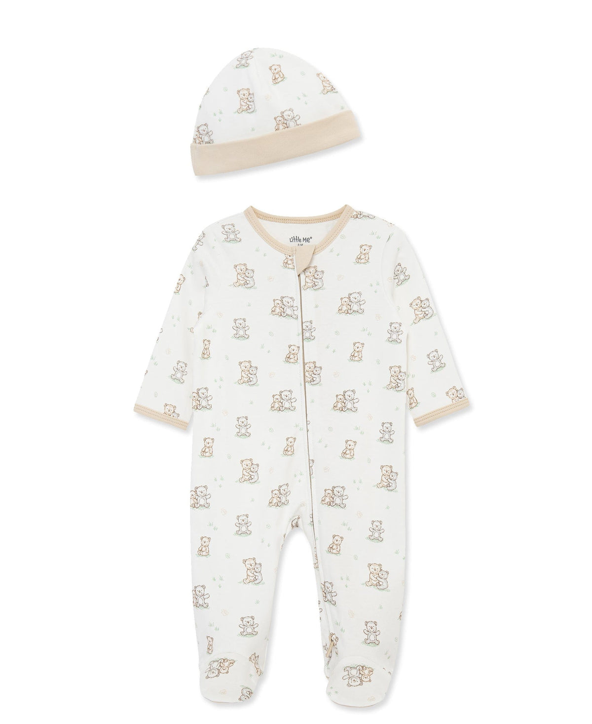 Little Me Fuzzy Bears 2-Way-Zip Footed One-Piece and Hat - White Print, NB