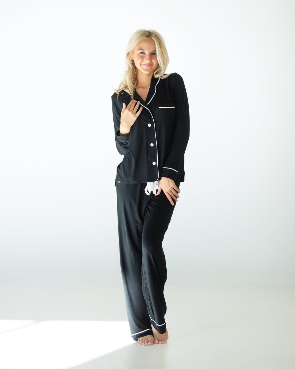 Middle of the Night Button Up Pajamas - Black with White Buttons