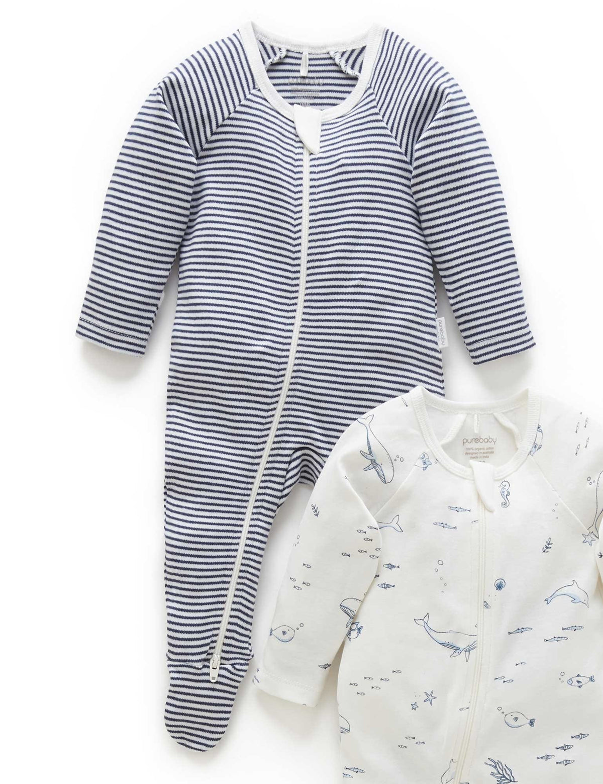 Purebaby 2 Pack Zip Growsuit - Vanilla Nautical, 0-3M - Image 4