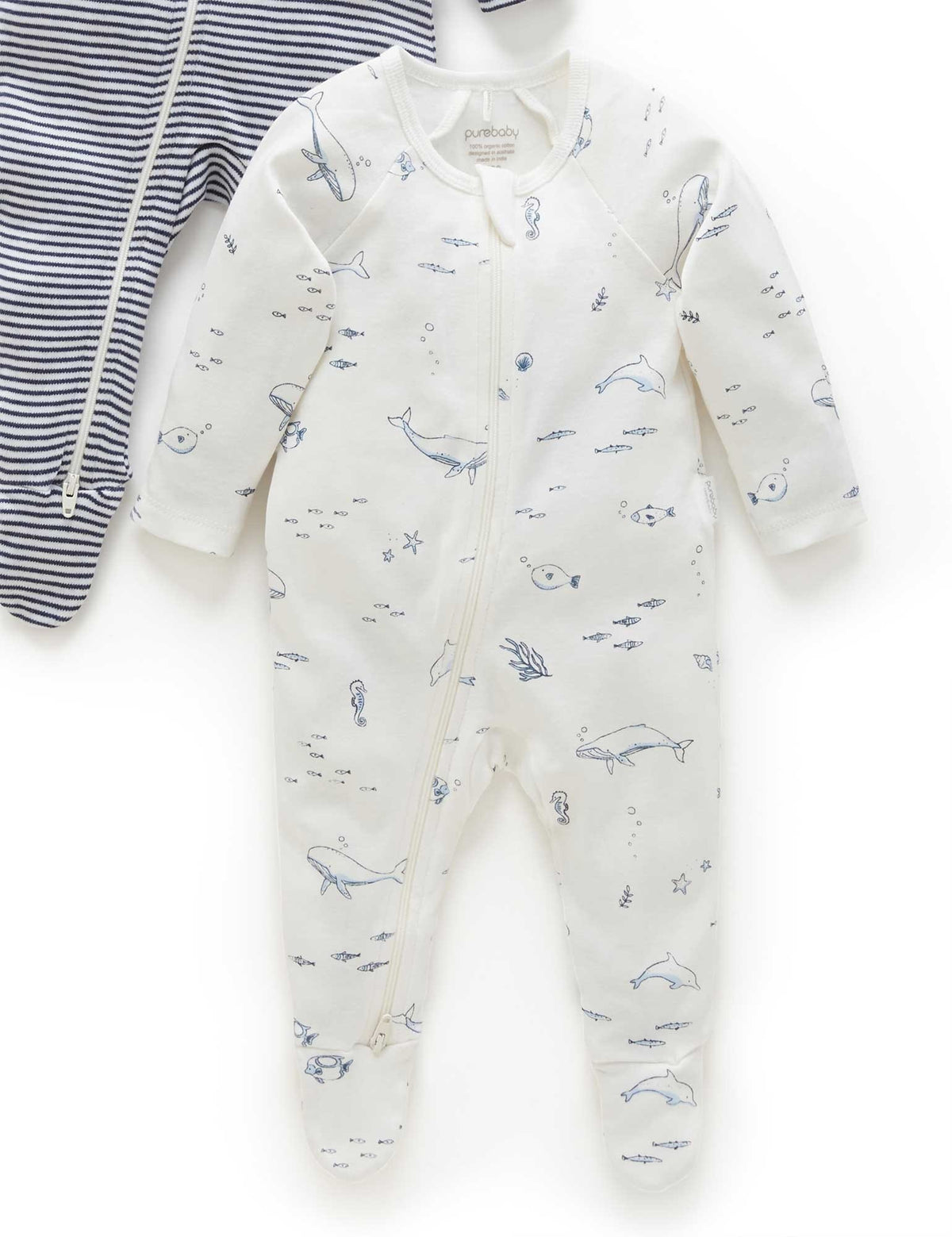 Purebaby 2 Pack Zip Growsuit - Vanilla Nautical, 0-3M - Image 3