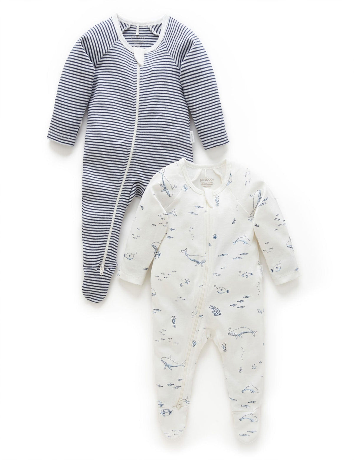 Purebaby 2 Pack Zip Growsuit - Vanilla Nautical, 0-3M