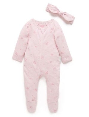 Purebaby Zip Growsuit & Headband Set - Pale Pink Blossom, 3-6M